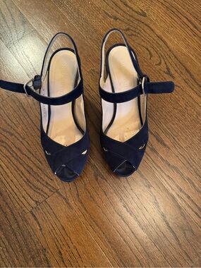 Stuart Weitzman Navy Suede Slingback Peep-Toe Wedges